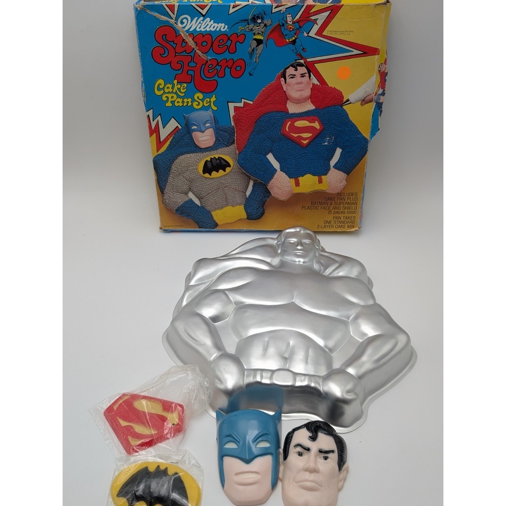 Wilton Batman Superman Super Hero Cake Pan Set Vintage 1977 With Box - Complete
